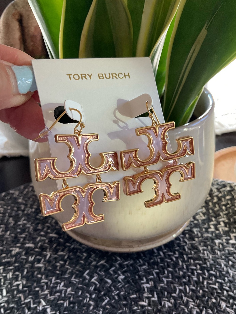 Tory Burch Pink and Rose Gold Double Logo Drop Earrings
